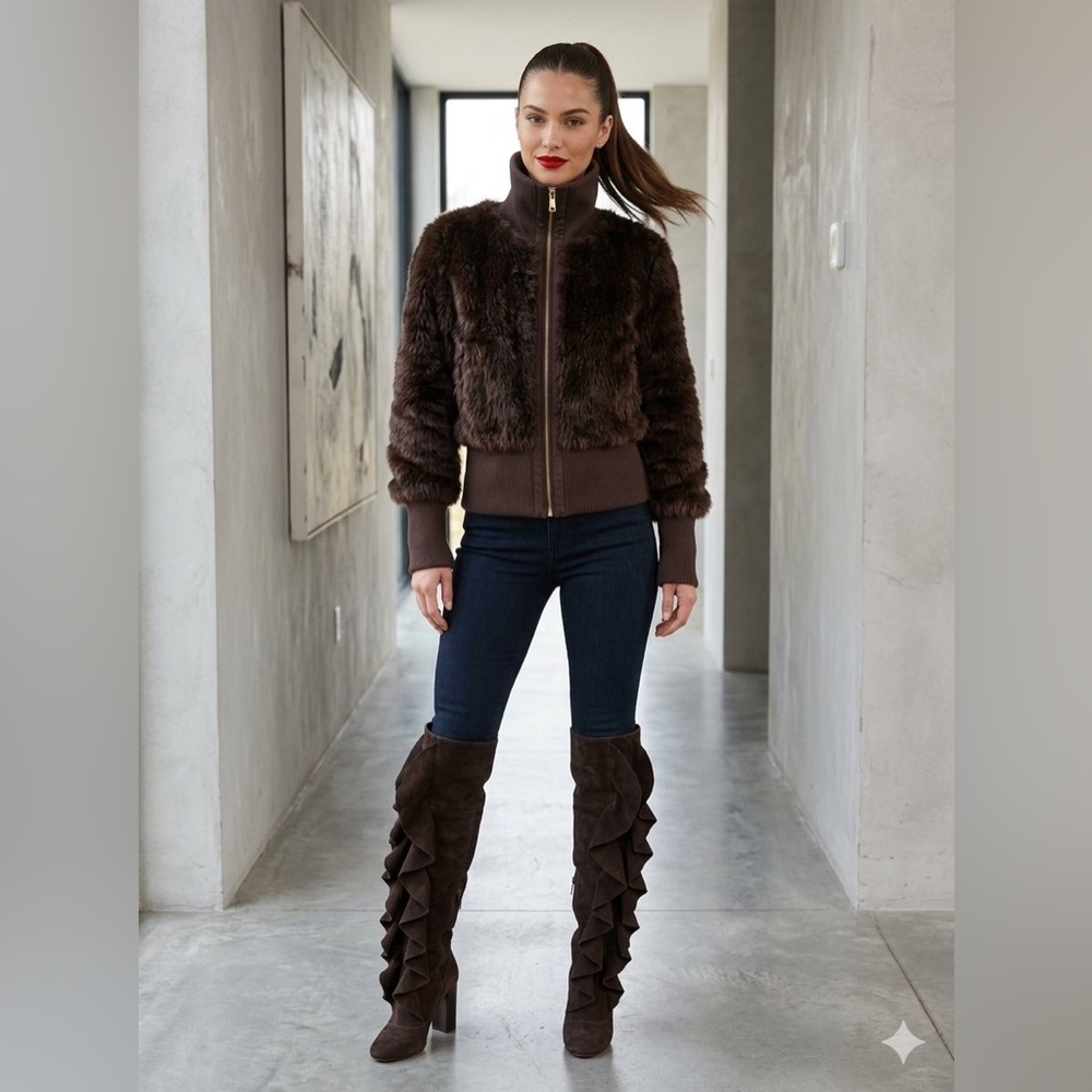 Brown Faux Fur Bomber Mobwife Jacket. Size large winter fall fashion chic Y2k
